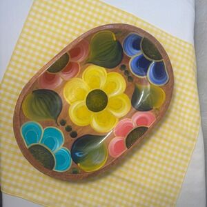 VTG Hand Painted Floral Wooden Bowl Brown Multicolor Folk Art Yellow Napkin